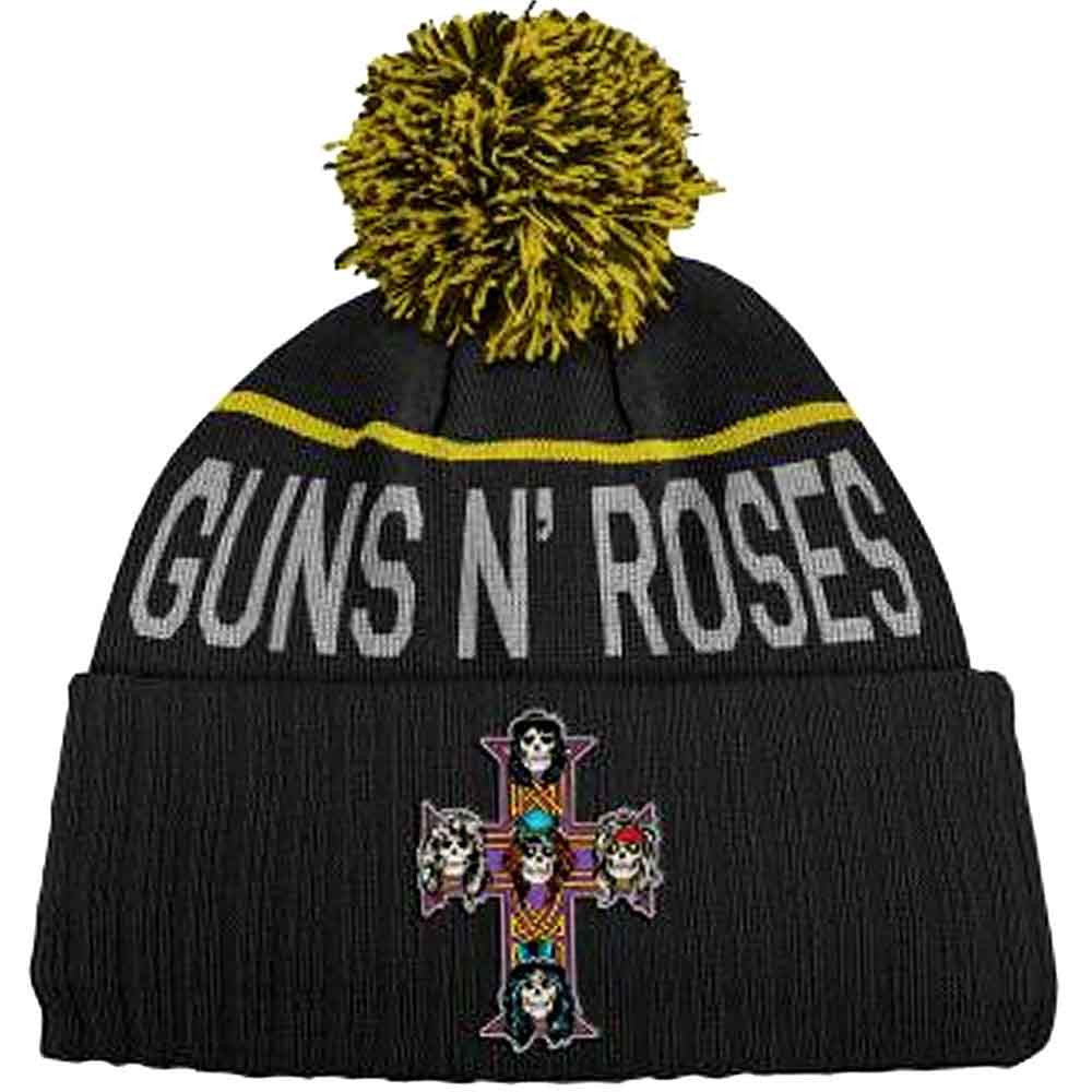 Guns N' Roses Unisex Bobble Beanie Hat: Cross (Black & Yellow)